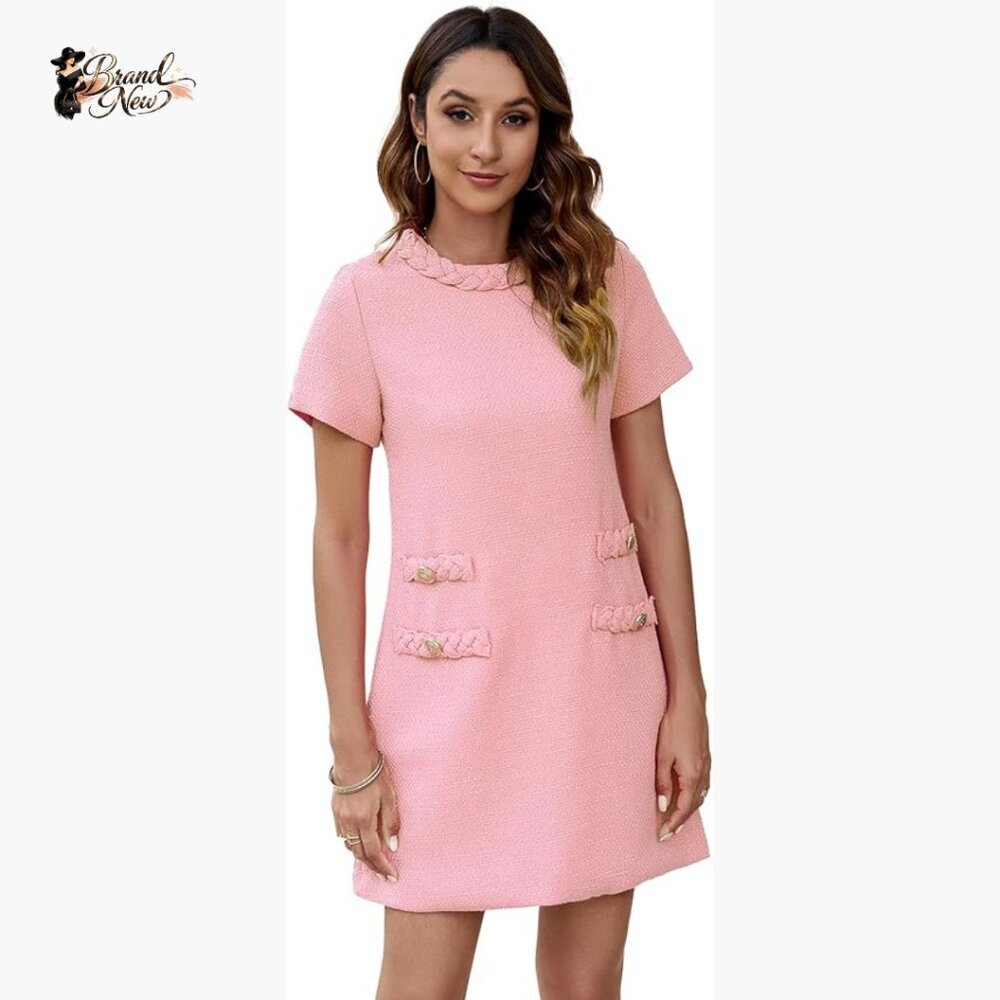 Tweed Mini Dress Short Sleeve Crew Neck Bodycon Business Party Vintage